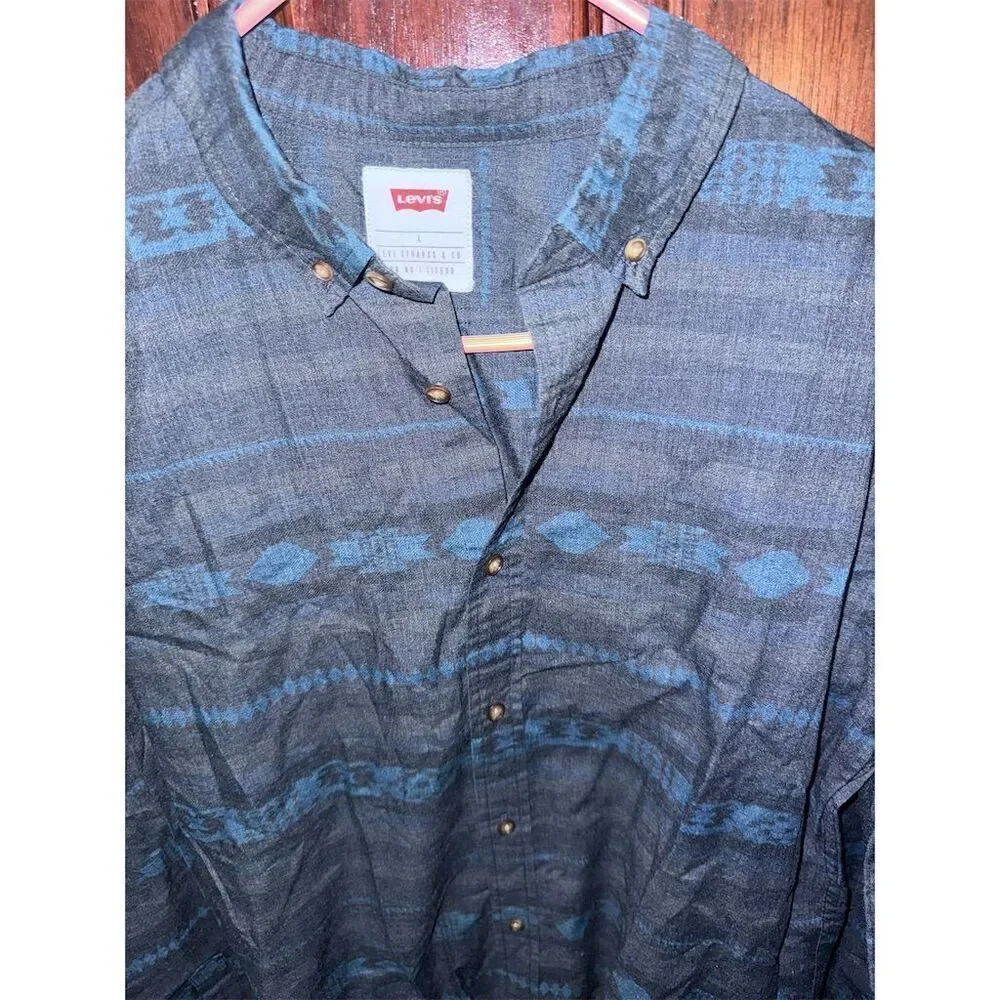 Levi's Men's L‎ Blue Geometric Pattern Long Sleeve Button-Down Casual Shirt